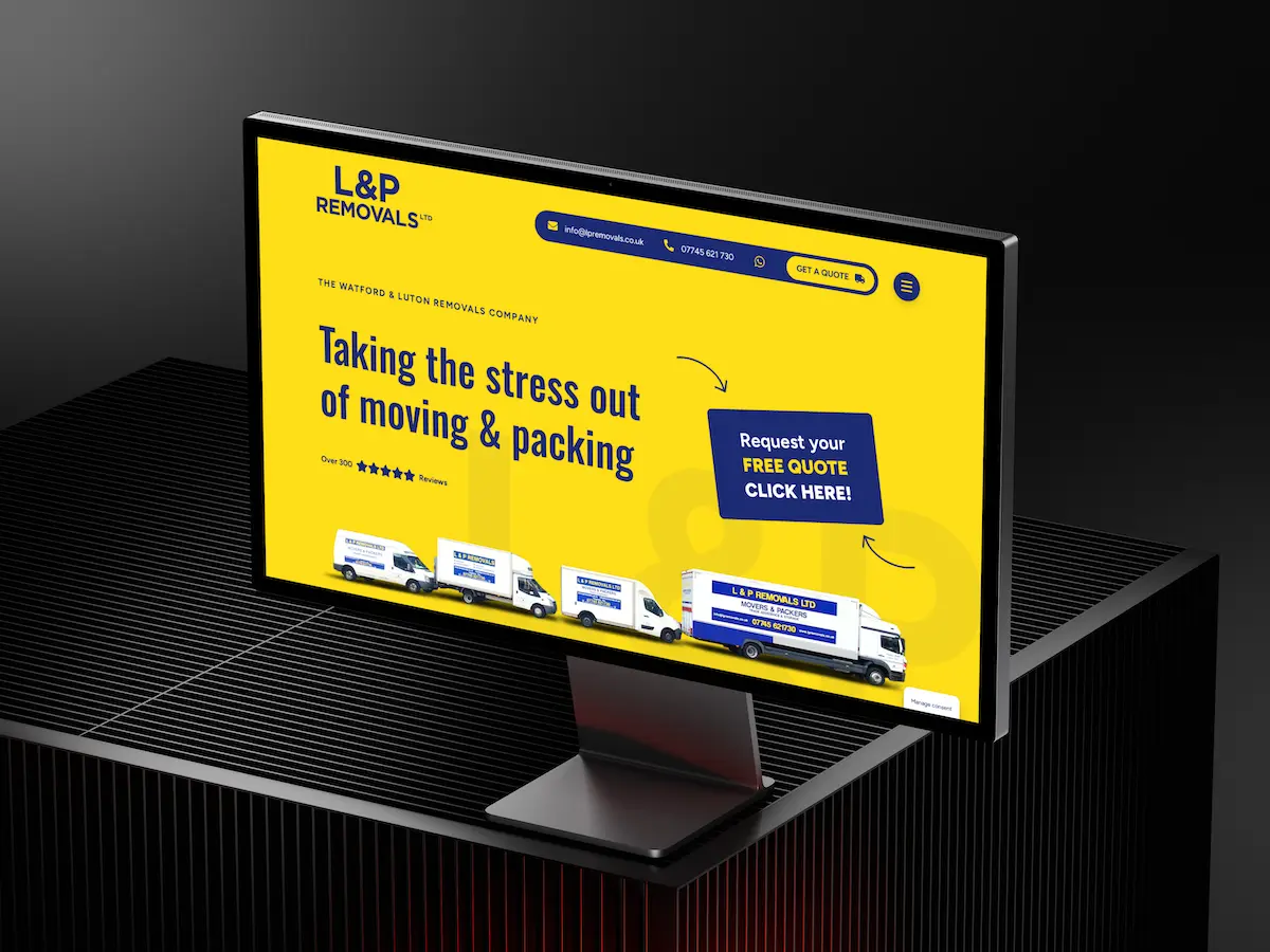 L&P Removals website displayed on a desktop monitor with a bright yellow homepage