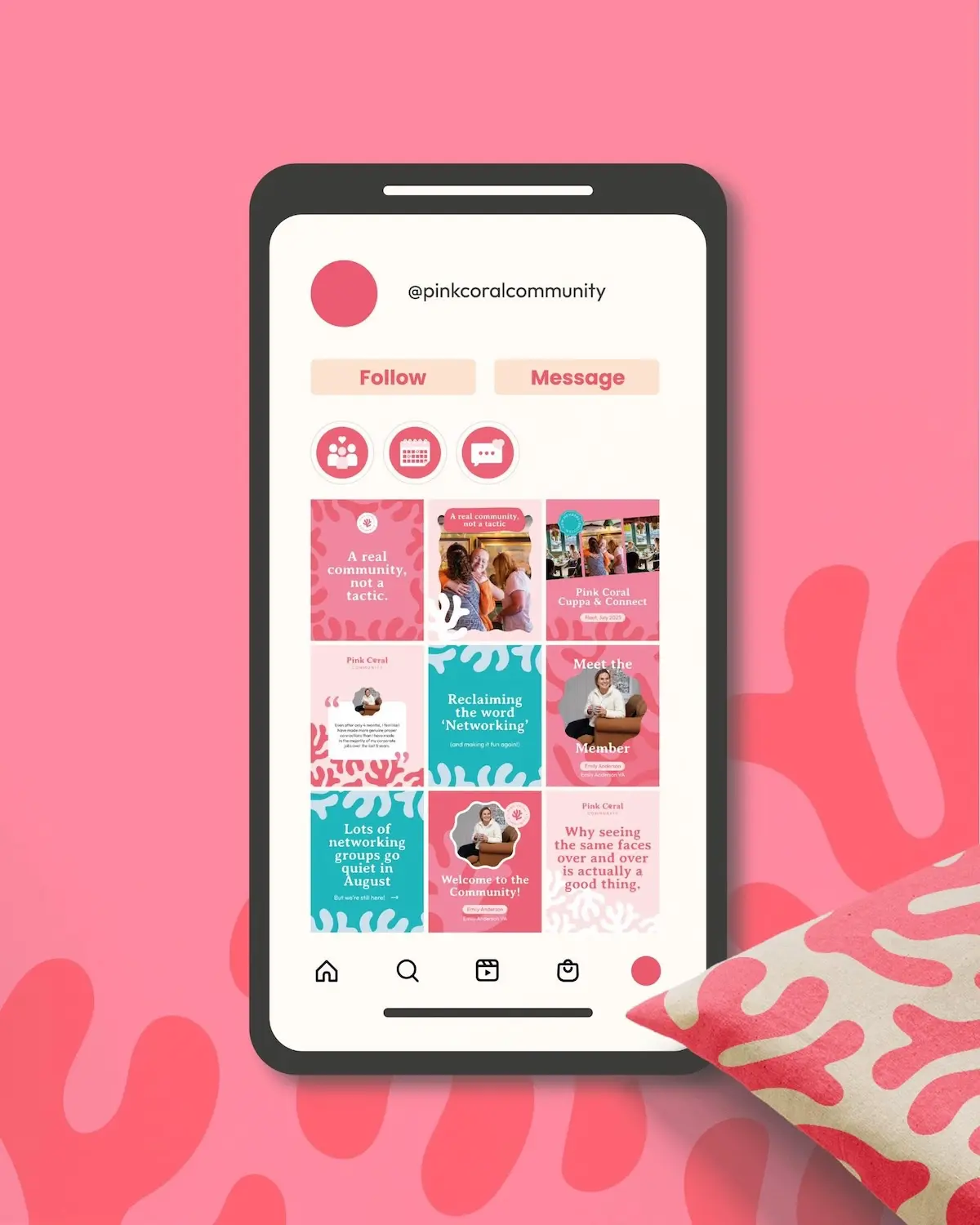 Pink Coral Community branding shown on a smartphone with coordinated social media posts