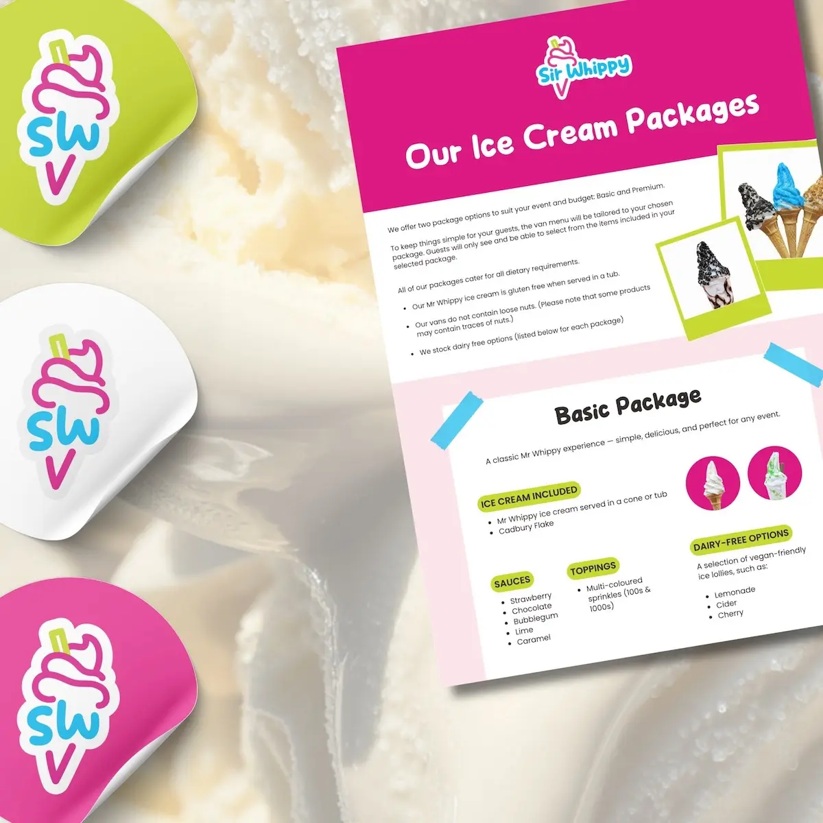 Sir Whippy branding with colourful ice cream logos and a package brochure