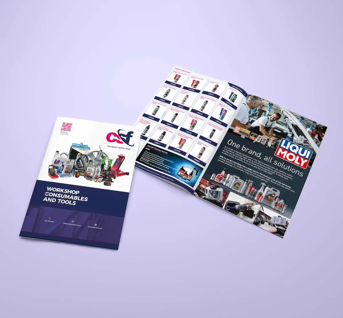 CSF workshop consumables and tools catalogue showing the cover and open product pages