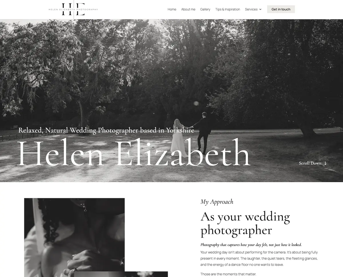 Helen Elizabeth Photography website featuring black-and-white wedding photography