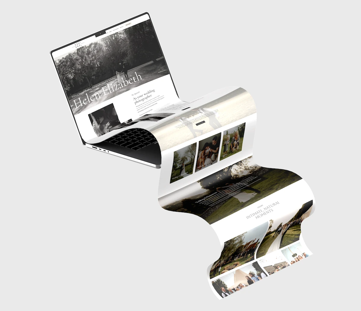 Helen Elizabeth mockup Helen Elizabeth Photography website mockup with wedding photographs flowing from a laptop