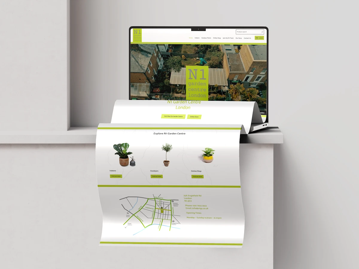 N1 Garden Centre website mockup with green branding, plant categories and a location map