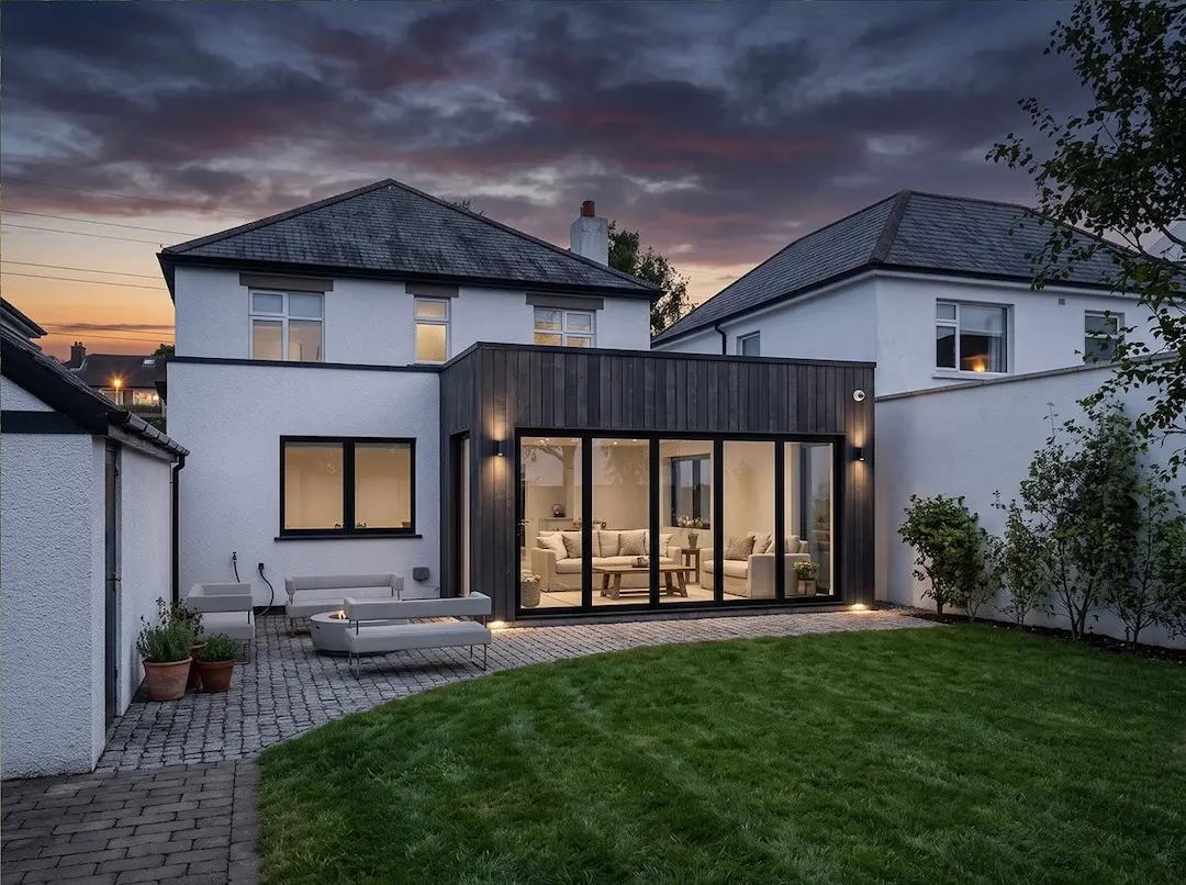 Contemporary rear house extension with full-height glazing overlooking a garden at dusk