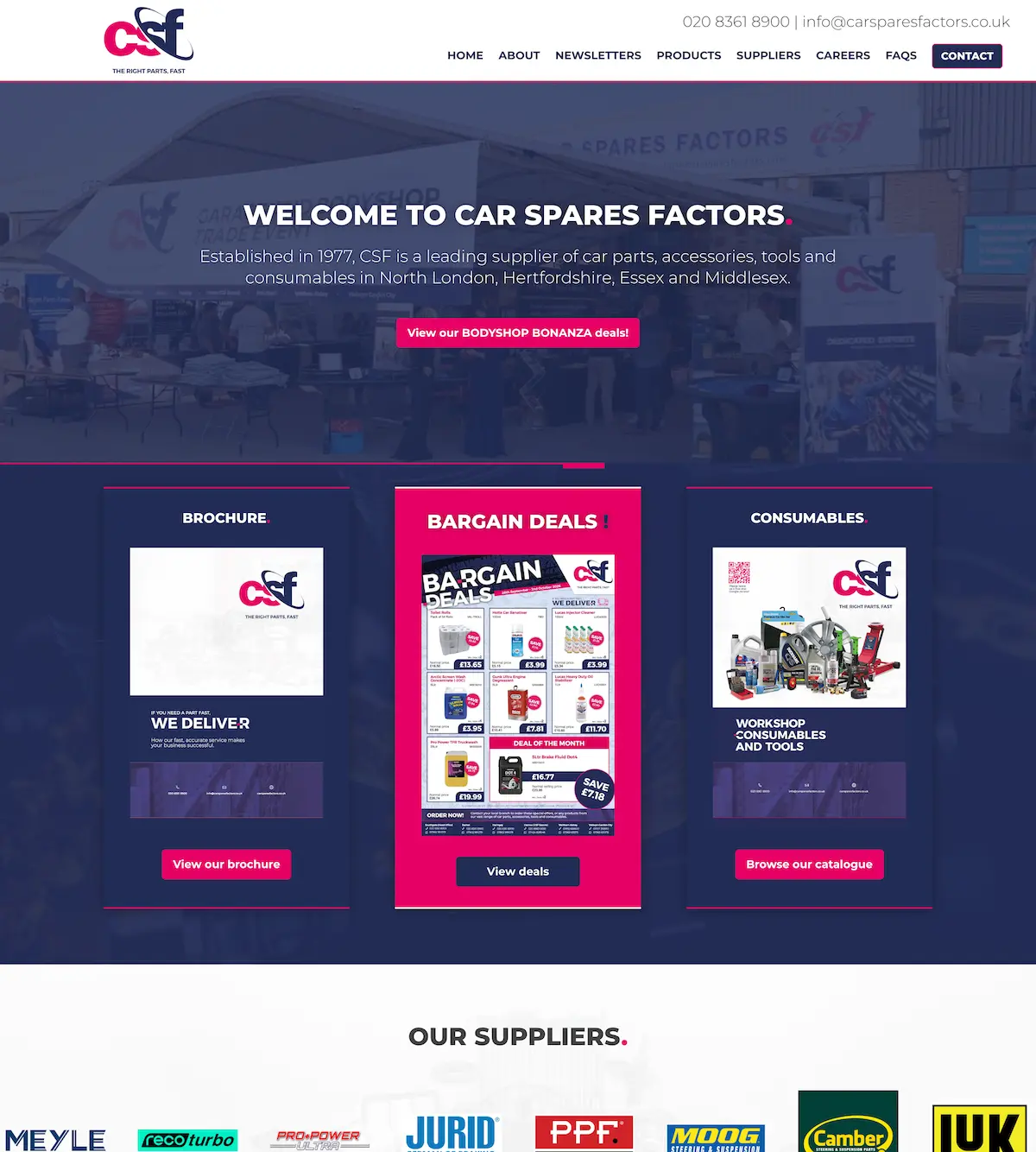 Car Spares Factors homepage featuring brochures, special offers and workshop supplies