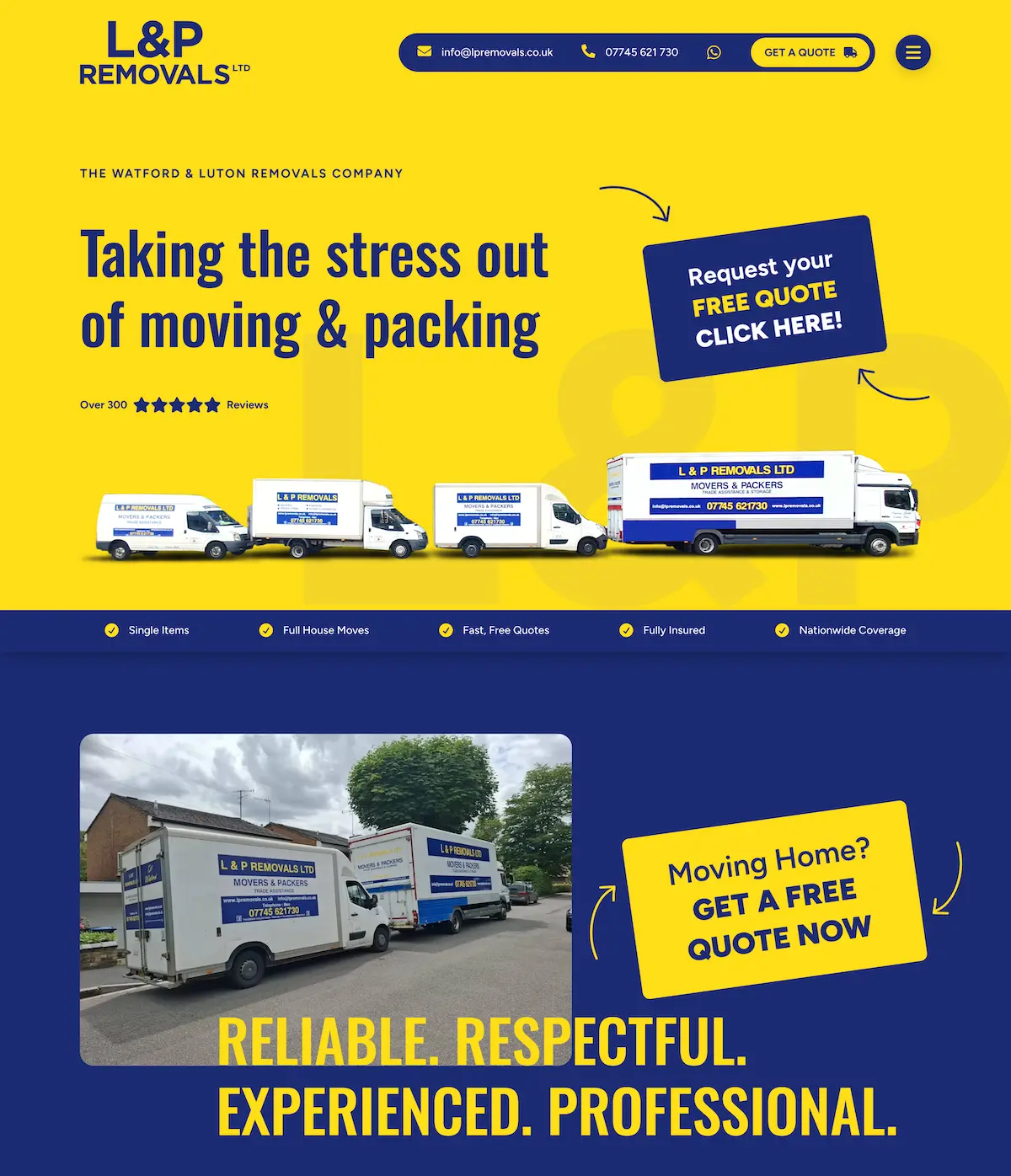 L&P Removals homepage with yellow and navy branding, removal vans and quote buttons