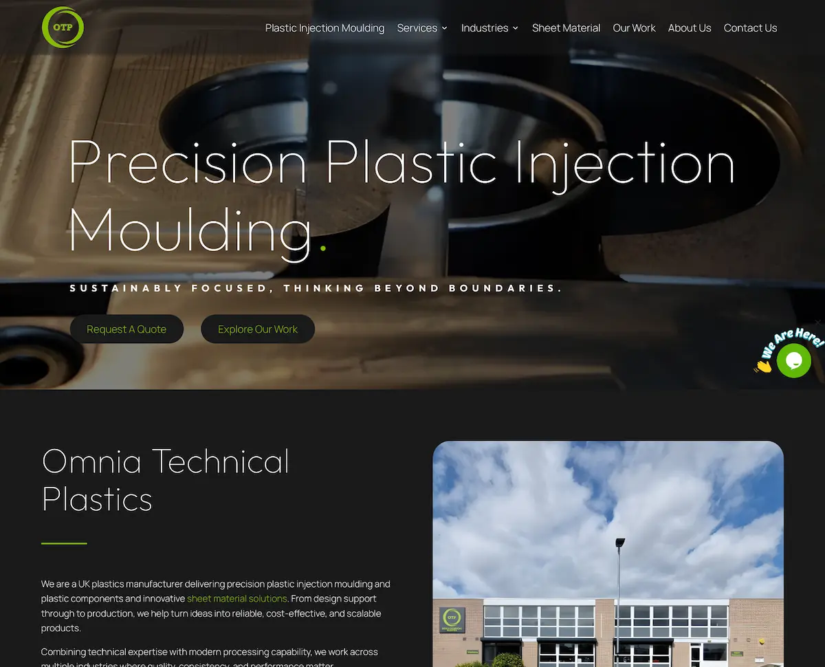 Omnia Technical Plastics website with precision injection moulding imagery and green accents